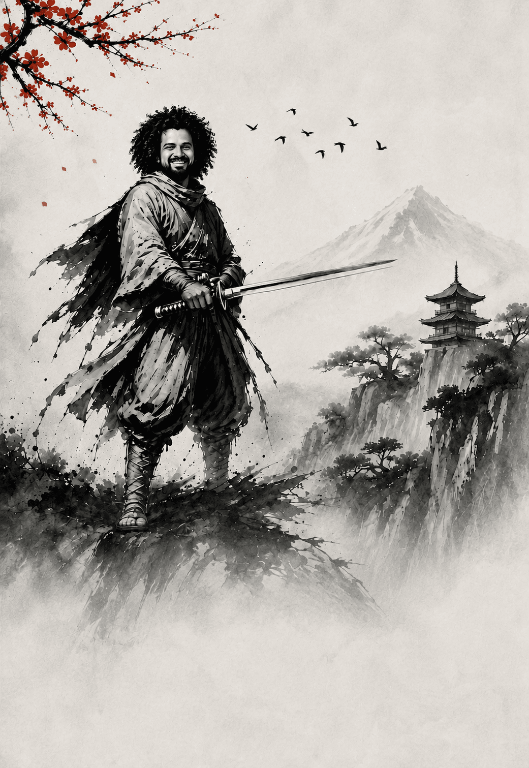 SIMURAI — a monochrome ink samurai stands before misted mountains as a katana splits the SIMURAI wordmark into SIMUR and AI.